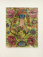 Alberto Casado, "Baroko Facebook Live," 2018. Mixed media: aluminum foil, serigraphic ink on glass. 12.75" × 10". #5467B