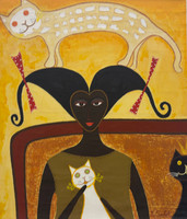 Sanfiel (Jorge Luis Sanfiel), "Negrita con cintas rusas y gatos," N.D. Acrylic on canvas. 21.65" × 18.11". #5788C