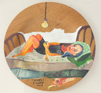 Sandra Dooley, "El gato," 2023. Mixed media/acrylic on wood plate. 9" diameter. #5792C 