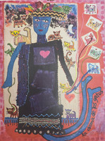 Alejandrina Cué, "La dama de los gatos," 2025. Textile collage and watercolor. 25" × 19". #5880D $8,000.00