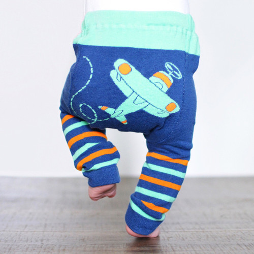 Green Airplane Stripes Cotton Leggings Doodle Pants
