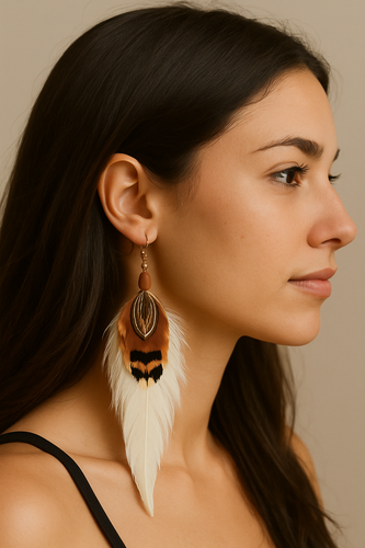 Feather Earrings 5 inch White Saddle and Ring-necked Pheasant Almonds Topping

This original feather earring design is a Tony Hill specialty. The longer feathers are five natural white saddle or schlappen on each earring. The three topping feathers are layered ring-necked pheasant gold sides with a top feather of brown almond.