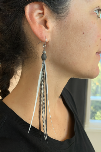 feather earrings black white mix medium length.
 Each earring contains at least 15 soft, flexible white, black,and  barred rock rooster hackle feathers.
