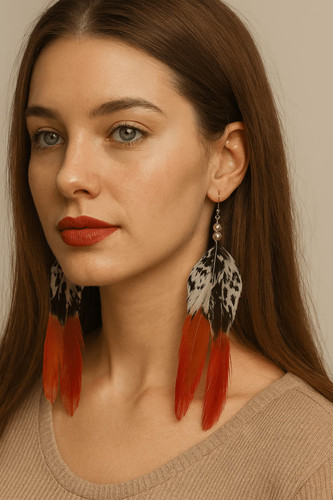 AI model with straight brown hair wearing handmade feather earrings