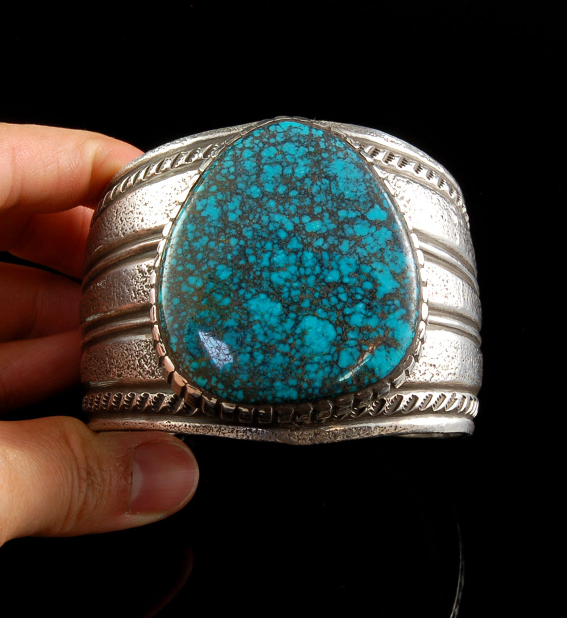 Wide Silver Cuff Bracelet with Spider Web Turquoise