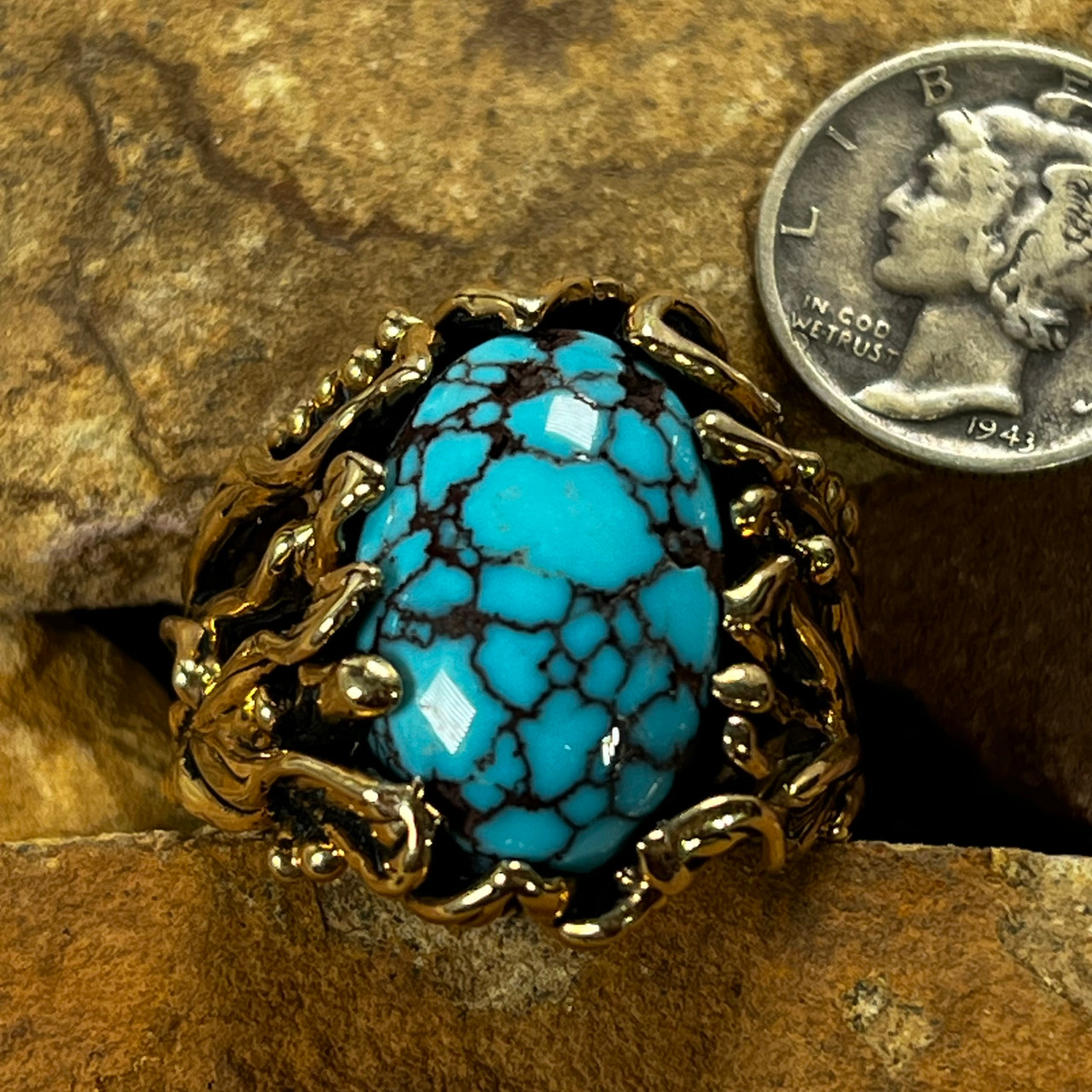 Red spiderweb Persian turquoise gold ring