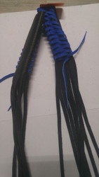 Black and royal blue leather strips to lace the items onto the brake and cluth levers.