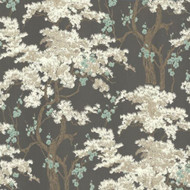 1602-100-01  - Avington Trees Blossoms Beige Cream Aqua Foil 1838 Wallpaper