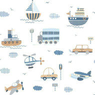 G78416 - Tiny Tots 2 Transportation Brown Sky Blue Navy Galerie Wallpaper