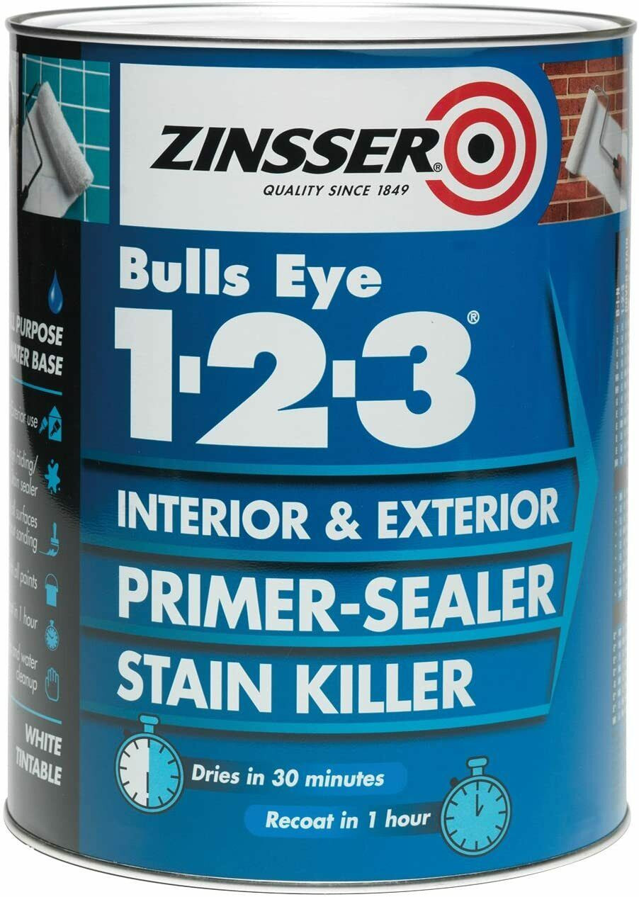 2.5lt Zinsser 123 Bulls Eye Water Based Quick Drying Primer Sealer Paint -  Shades Colour Centre
