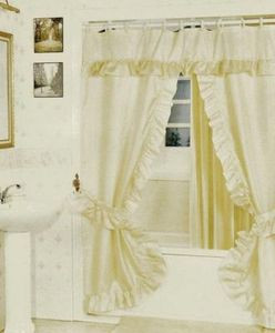 BEIGE -Double Swag Fabric Shower Curtain +Valance+Liner