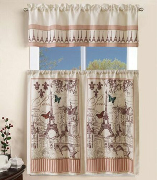 3 Pcs Kitchen Curtain with Swag and Tier Window Treatment Set-Paris Eiffel Tower