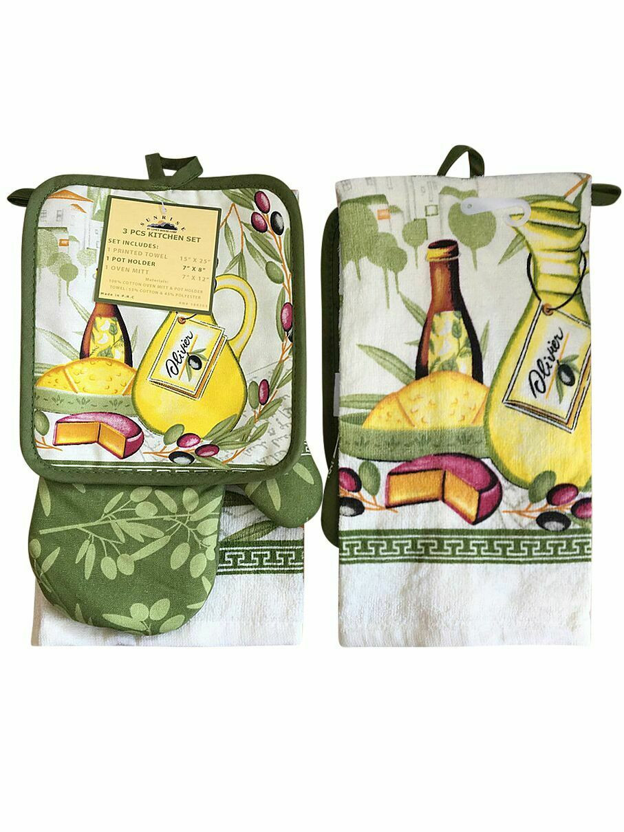 w/ lt ROOSTER BH green 3 pc PRINTED KITCHEN SET: 1 OVEN MITT & 2 POT HOLDERS 