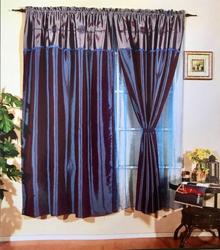 Orly's Dream, New Elegant Flora 2 Pc Curtain set with Tie Backs, Classic Embroidery - Blue.