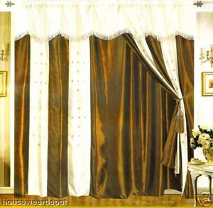 Window Curtains / Drapes with attached Valance & Liner - Brown & White