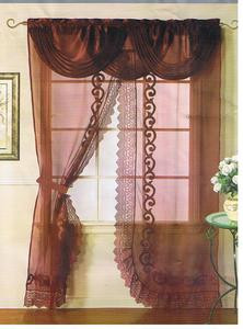 Voile Silk Satin Curtain With Attached Valance & Liner - Burgundy
