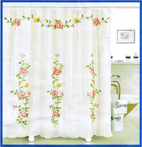 EMBROIDERED FABRIC SHOWER CURTAIN +VALANCE +VINYL LINER