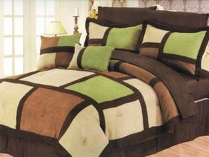 Queen Faux Suede Patchwork Bed in a Bag 10 pc. Comforter / Bedding Set - Sage 350522108462