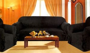 3 pc. Sofa Loveseat Chair Slipcovers Micro Suede -Black