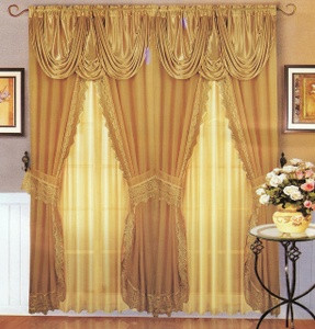 Voile Silk Satin Curtain With Valance Gold color - NEW