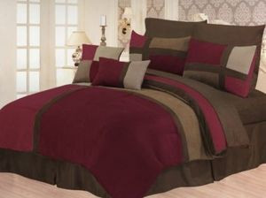 Queen Faux Suede Patchwork Bed in a Bag 10 pc. Comforter / Bedding Set -BURGUNDY 180819876033