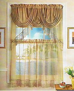 Kitchen Voile Curtain + Silk Satin Valance - Gold