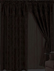 Jacquard Window Curtains / Drapes Set with Attached Valance & Lace Liner - BLACK