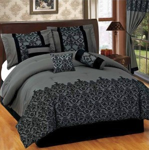 KING size Bed in a Bag 7 pcs Luxurious Comforter Bedding Ensemble Set - GREY