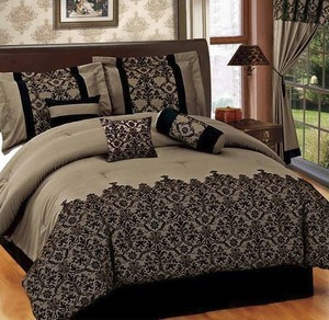 QUEEN size Bed in a Bag 7 pcs Luxurious Comforter Bedding Ensemble Set - COFFEE