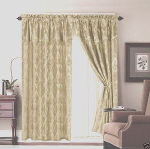 Jacquard Window Curtains / Drapes Set with Attached Valance & Lace Liner - SAGE