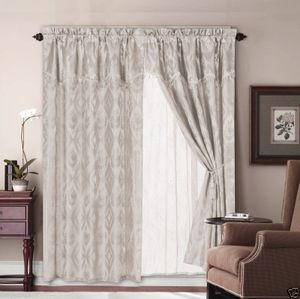 Jacquard Window Curtains / Drapes Set with Attached Valance & Lace Liner - BEIGE