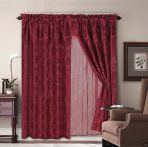 Jacquard Window Curtains/Drapes Set with Attached Valance & Lace Liner-BURGUNDY