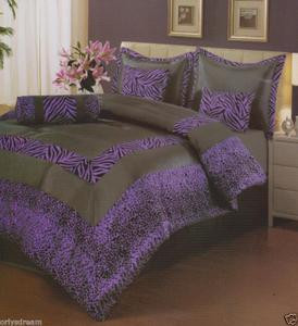 7 Psc QUEEN Size Comforter Set, PURPLE & Black "ZEBRA & LEOPARD"Flocking Texture