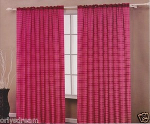 TWO Panels CHECKED Texture Rod Pocket SHEER VOILE Fabric Curtain Set - BURGUNDY