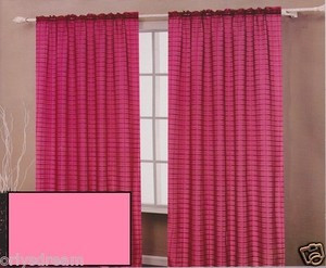 TWO Panels CHECKED Texture Rod Pocket SHEER VOILE Fabric Curtain Set - HOT PINK