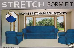 STRETCH FORM FIT-3 Pc Slipcovers Set,Couch/Sofa+Loveseat+Chair Covers-NAVY BLUE