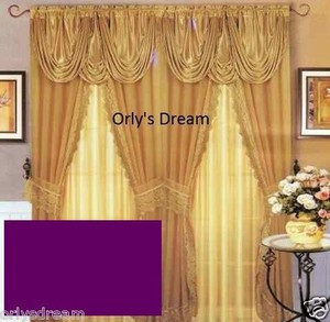 Sheer & Lace Victorian Window Curtain Set w/Satin Valance & Backing Panel-PURPLE