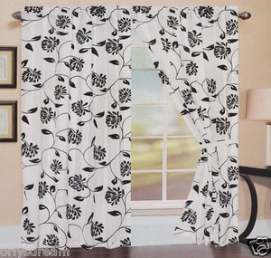 TWO Panels FLOCKED Texture SHEER & SATIN Fabric Curtain Set - BLACK & WHITE