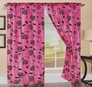TWO Panels FLOCKED Texture SHEER & SATIN Fabric Curtain Set - HOT PINK