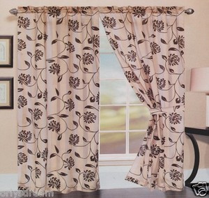 TWO Panels FLOCKED Texture SHEER & SATIN Fabric Curtain Set - TAUPE / GOLD Color