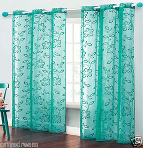 TWO Panels FLOCKED Texture Grommet Panels SHEER Fabric Curtain Set - HOT BLUE