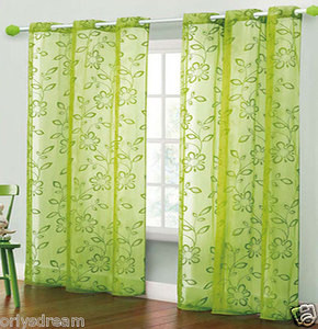 TWO Panels FLOCKED Texture Grommet Panels SHEER Fabric Curtain Set - HOT GREEN