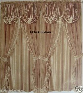 Sheer & Lace Victorian Window Curtain Set w/Satin Valance & Backing Panel -Taupe