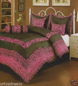 7 Pcs QUEEN Size Comforter Set, PINK & Black "ZEBRA & LEOPARD" Flocking Texture