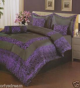 7 Pcs KING Size Comforter Set, PURPLE & Black "ZEBRA & LEOPARD" Flocking Texture