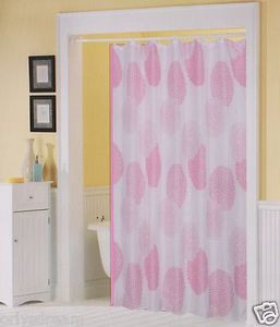 Printed Fabric Shower/Bath Curtain + 12 Rings/Hooks + Vinyl Liner - WHITE & PINK