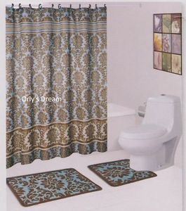 15 pc. Bath Mat Set/Fabric Shower Curtain/Fabric Covered Hooks - "Damask" Blue