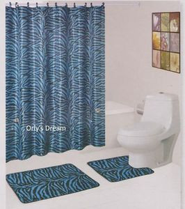 15 pc Printed Bath Mat Set/Fabric Shower Curtain/Fabric Covered Hooks-ZEBRA BLUE