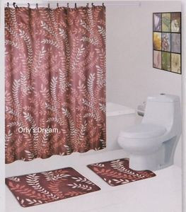 15 pc. Bath Mat Set/Fabric Shower Curtain/Fabric Covered Hooks - "MOSS" BURGUNDY