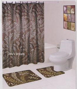 15 pc Printed Bath Mat Set/Fabric Shower Curtain/Fabric Covered Hooks-MOSS OLIVE